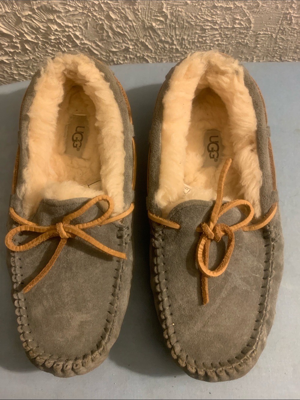 UGG Women's Grey Suede Shearling-Lined Moccasin Slippers with Tan Laces